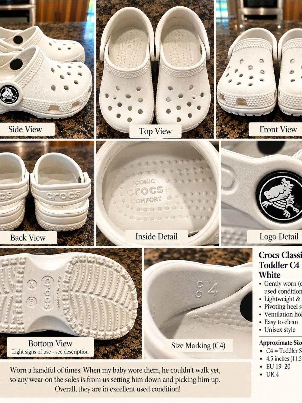 Crocs Classic Clog White Toddler C4 Size 4 Excellent Condition
